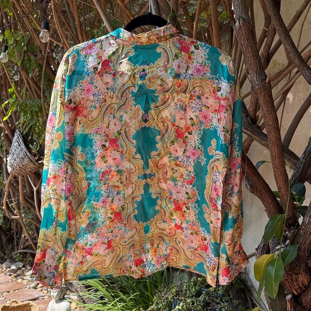 Johnny Was Teal and Pink Floral Blouse - Picture 6 of 6
